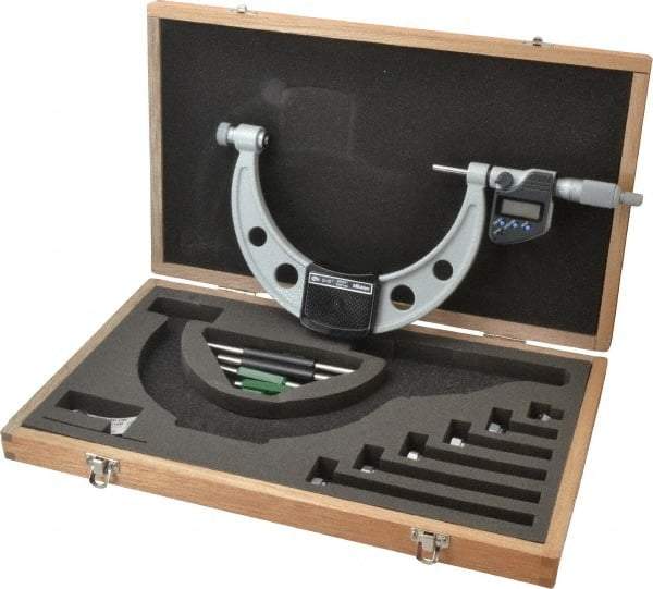 Mitutoyo - 6 Anvil, Electronic, 0 to 6 Inch Range, Carbide Face Interchangeable Anvil Micrometer - Ratchet Stop Thimble, 0.0001 Inch Resolution, 0.00016 + 0.00004 (L/3) Inch Accuracy, SR44 Battey, Includes 5 Standards, 6 Anvils and Fitted Wooden Case - Americas Industrial Supply