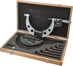 Mitutoyo - 6 Anvil, Electronic, 0 to 6 Inch Range, Carbide Face Interchangeable Anvil Micrometer - Ratchet Stop Thimble, 0.0001 Inch Resolution, 0.00016 + 0.00004 (L/3) Inch Accuracy, SR44 Battey, Includes 5 Standards, 6 Anvils and Fitted Wooden Case - Americas Industrial Supply