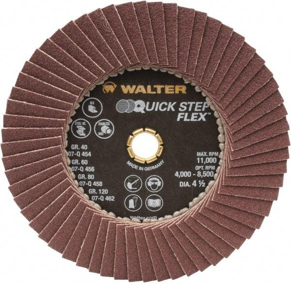 WALTER Surface Technologies - 120 Grit, 4-1/2" Disc Diam, Type 29 Aluminum Oxide Flap Disc - 11,000 Max RPM, Fiber Backing, Arbor Attaching System, Coated - Americas Industrial Supply