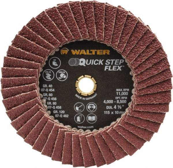 WALTER Surface Technologies - 40 Grit, 4-1/2" Disc Diam, Type 29 Aluminum Oxide Flap Disc - 11,000 Max RPM, Fiber Backing, Arbor Attaching System, Coated - Americas Industrial Supply