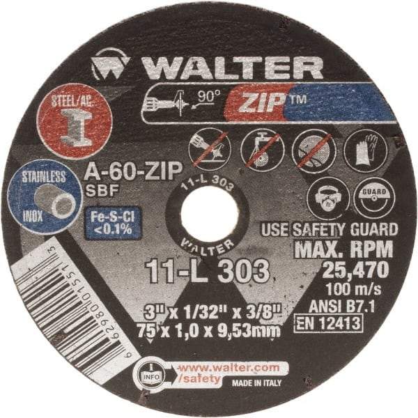 WALTER Surface Technologies - 3" Aluminum Oxide Cutoff Wheel - 1/16" Thick, 3/8" Arbor, 25,470 Max RPM, Use with Die Grinders - Americas Industrial Supply