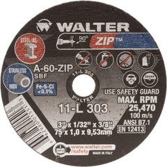 WALTER Surface Technologies - 3" Aluminum Oxide Cutoff Wheel - 1/16" Thick, 3/8" Arbor, 25,470 Max RPM, Use with Die Grinders - Americas Industrial Supply