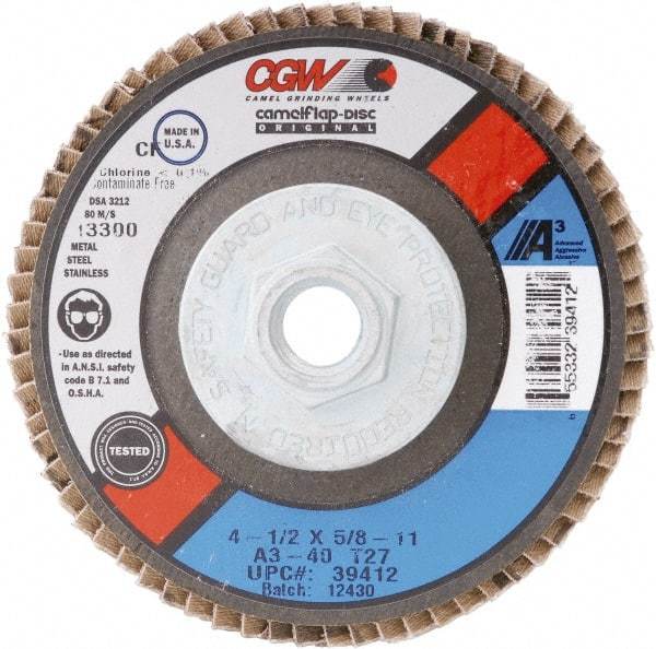 Camel Grinding Wheels - 80 Grit, 4" Disc Diam, 3/8-24 Center Hole, Type 27 Aluminum Oxide Flap Disc - 15,300 Max RPM, Cloth Backing, Arbor Attaching System, Coated - Americas Industrial Supply