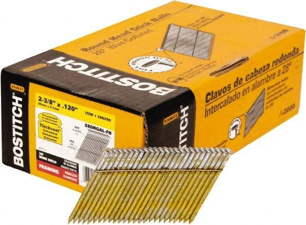 Stanley Bostitch - 11 Gauge 0.12" Shank Diam 2-3/8" Long Framing Nails for Power Nailers - Steel, Galvanized Finish, Ring Shank, Angled Stick Wire Collation, Round Head, Diamond Point - Americas Industrial Supply