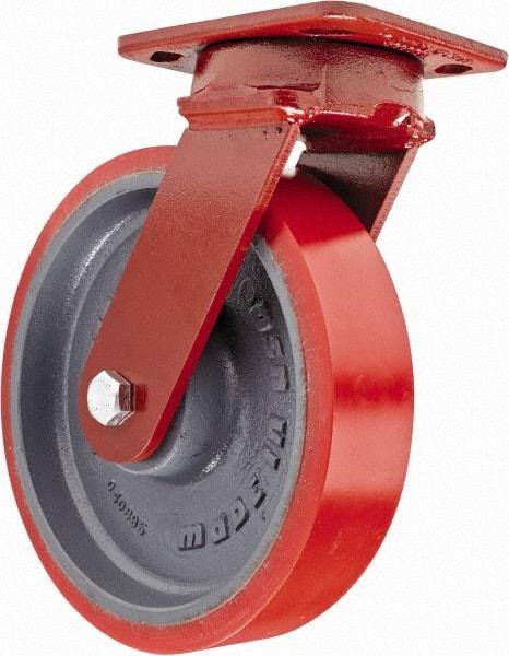 Hamilton - 8" Diam x 2" Wide x 9-1/2" OAH Top Plate Mount Swivel Caster with Brake - Polyurethane, 1,800 Lb Capacity, Sealed Precision Ball Bearing, 4 x 5" Plate - Americas Industrial Supply