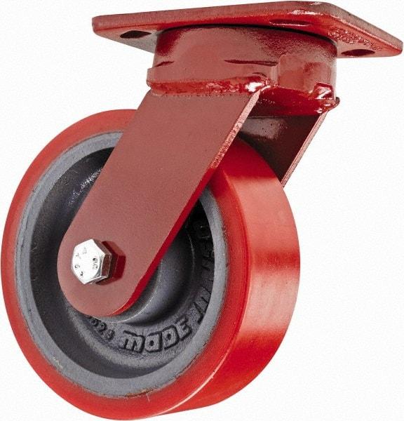 Hamilton - 6" Diam x 2" Wide x 7-1/2" OAH Top Plate Mount Swivel Caster with Brake - Polyurethane, 1,400 Lb Capacity, Sealed Precision Ball Bearing, 4 x 5" Plate - Americas Industrial Supply