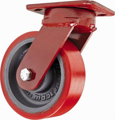 Hamilton - 6" Diam x 2" Wide x 7-1/2" OAH Top Plate Mount Swivel Caster with Brake - Polyurethane, 1,400 Lb Capacity, Sealed Precision Ball Bearing, 4 x 5" Plate - Americas Industrial Supply