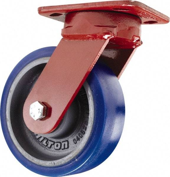 Hamilton - 6" Diam x 2" Wide x 7-1/2" OAH Top Plate Mount Swivel Caster with Brake - Polyurethane, 960 Lb Capacity, Sealed Precision Ball Bearing, 4 x 5" Plate - Americas Industrial Supply