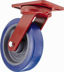 Hamilton - 8" Diam x 2" Wide x 9-3/4" OAH Top Plate Mount Swivel Caster with Brake - Polyurethane, 1,200 Lb Capacity, Sealed Precision Ball Bearing, 4-1/2 x 6-1/2" Plate - Americas Industrial Supply