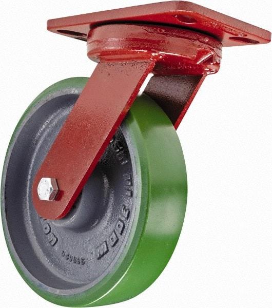 Hamilton - 8" Diam x 2" Wide x 9-3/4" OAH Top Plate Mount Swivel Caster with Brake - Polyurethane, 1,500 Lb Capacity, Sealed Precision Ball Bearing, 4-1/2 x 6-1/2" Plate - Americas Industrial Supply