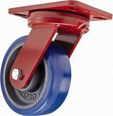 Hamilton - 6" Diam x 2" Wide x 7-3/4" OAH Top Plate Mount Swivel Caster with Brake - Polyurethane, 960 Lb Capacity, Sealed Precision Ball Bearing, 4-1/2 x 6-1/2" Plate - Americas Industrial Supply