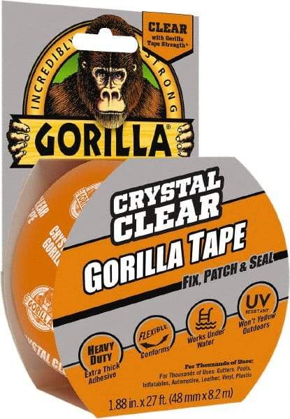 Gorilla Tape - 1-7/8" x 18 Yds Clear Duct Tape - 7 mil, Acrylic Adhesive, Ethylene Copolymer Backing, -4°F to 140°F - Americas Industrial Supply