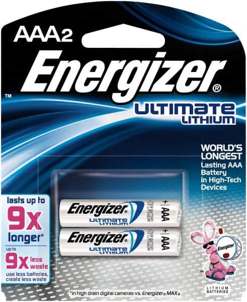Energizer - Size AAA, Lithium, 2 Pack, Photo Battery - 1.5 Volts, Flat Terminal, FR03, ANSI, IEC Regulated - Americas Industrial Supply