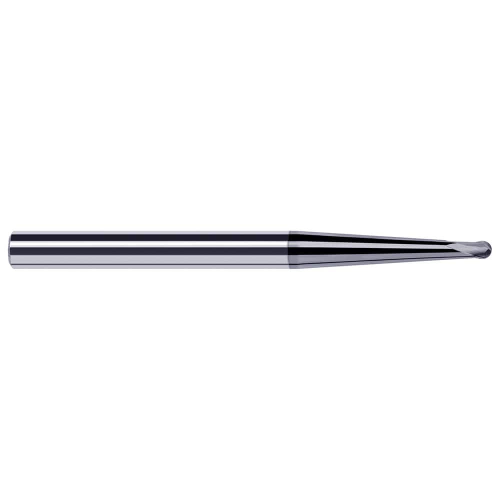Ball End Mill: 0.062″ Dia, 0.05″ LOC, 2 Flute, Solid Carbide 2-1/2″ OAL, 3/16″ Shank Dia, 35 ° Helix, AlTiN Coated, Single End