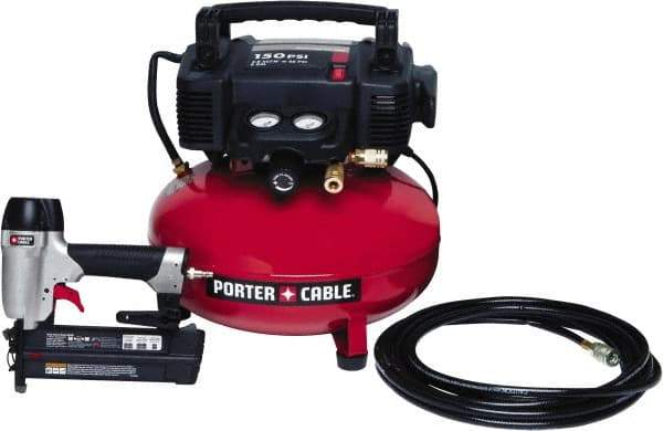 Porter-Cable - 0.80 HP, 2.6 SCFM at 90 psi CFM Pancake Nailer Combo Kit - 6 Gallon Tank, 10 Amp, 150 Max psi, 120V - Americas Industrial Supply