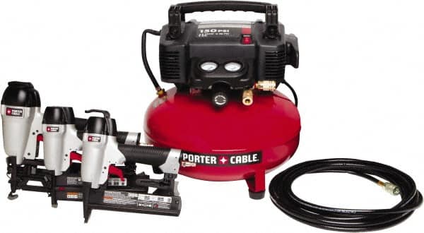 Porter-Cable - 0.80 HP, 2.6 SCFM at 90 psi CFM Pancake Finish/Brad Nailer, Stapler - 6 Gallon Tank, 10 Amp, 150 Max psi, 120V - Americas Industrial Supply