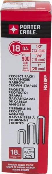 Porter-Cable - 1/2", 3/4, and 1" Long x 1/4" Wide, 18 Gauge Narrow Crown Construction Staple Multi Pack - Steel, Galvanized Finish. 300/size - Americas Industrial Supply