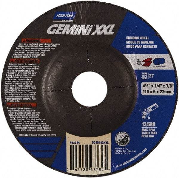 Norton - 24 Grit, 4-1/2" Wheel Diam, 1/4" Wheel Thickness, Type 27 Depressed Center Wheel - Aluminum Oxide, 12,225 Max RPM - Americas Industrial Supply