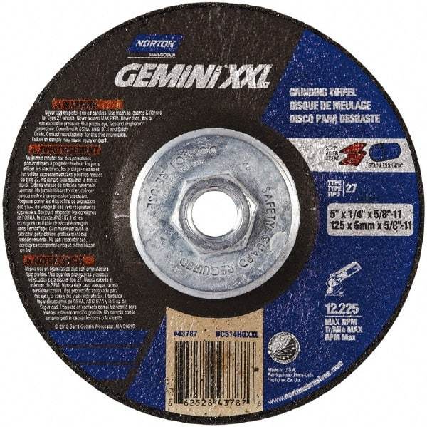 Norton - 24 Grit, 5" Wheel Diam, 1/4" Wheel Thickness, Type 27 Depressed Center Wheel - Aluminum Oxide, 8,600 Max RPM - Americas Industrial Supply