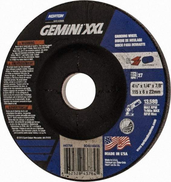 Norton - 24 Grit, 4-1/2" Wheel Diam, 1/4" Wheel Thickness, 7/8" Arbor Hole, Type 27 Depressed Center Wheel - Aluminum Oxide, 13,580 Max RPM - Americas Industrial Supply