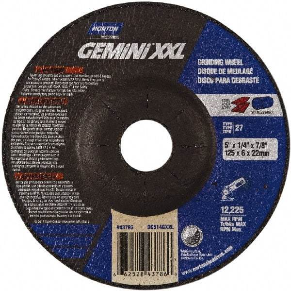 Norton - 24 Grit, 5" Wheel Diam, 1/4" Wheel Thickness, 7/8" Arbor Hole, Type 27 Depressed Center Wheel - Aluminum Oxide, 10,185 Max RPM - Americas Industrial Supply
