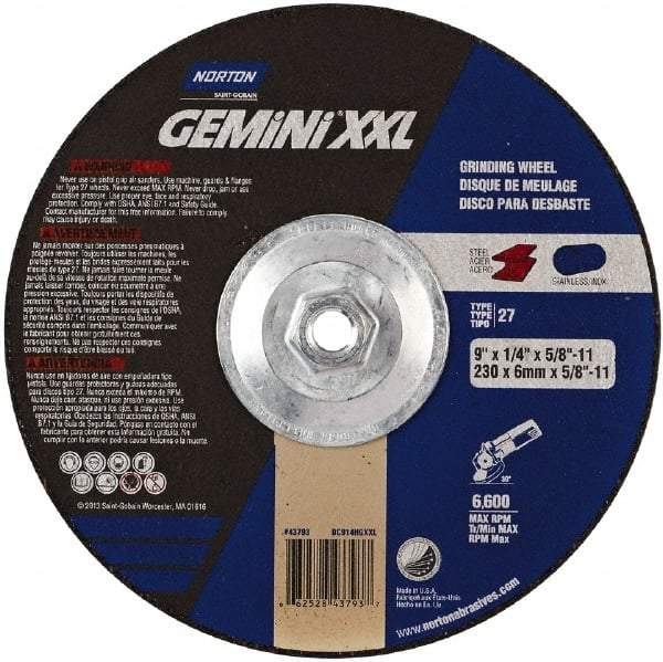 Norton - 24 Grit, 9" Wheel Diam, 1/4" Wheel Thickness, 7/8" Arbor Hole, Type 27 Depressed Center Wheel - Aluminum Oxide, 8,600 Max RPM - Americas Industrial Supply