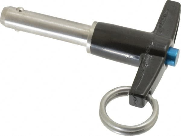 Jergens - 5/16" Diam, 1" Usable Length, T Handle, Push Button Quick Release Pin - 2-5/8" Overall Length, Grade 17-4 Stainless Steel, Passivated Finish - Americas Industrial Supply