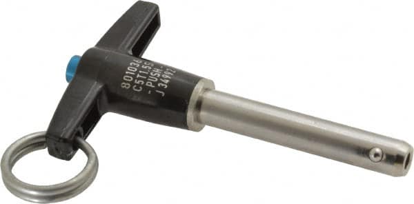 Jergens - 5/16" Diam, 1-1/2" Usable Length, T Handle, Push Button Quick Release Pin - 3-1/8" Overall Length, Grade 17-4 Stainless Steel, Passivated Finish - Americas Industrial Supply