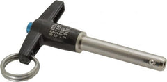 Jergens - 5/16" Diam, 1-1/2" Usable Length, T Handle, Push Button Quick Release Pin - 3-1/8" Overall Length, Grade 17-4 Stainless Steel, Passivated Finish - Americas Industrial Supply