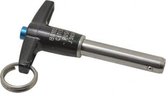 Jergens - 3/8" Diam, 1-1/2" Usable Length, T Handle, Push Button Quick Release Pin - 3-3/8" Overall Length, Grade 17-4 Stainless Steel, Passivated Finish - Americas Industrial Supply