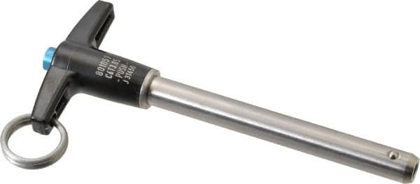 Jergens - 3/8" Diam, 3" Usable Length, T Handle, Push Button Quick Release Pin - 4-7/8" Overall Length, Grade 17-4 Stainless Steel, Passivated Finish - Americas Industrial Supply