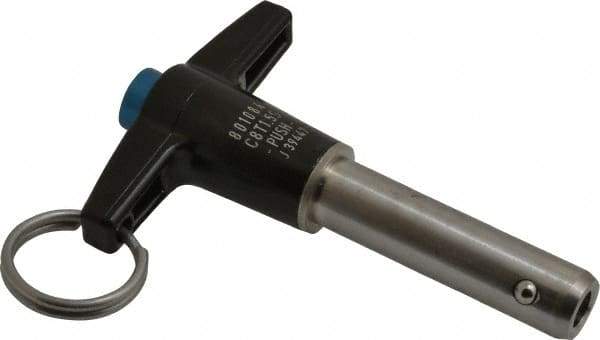 Jergens - 1/2" Diam, 1-1/2" Usable Length, T Handle, Push Button Quick Release Pin - 3-5/8" Overall Length, Grade 17-4 Stainless Steel, Passivated Finish - Americas Industrial Supply