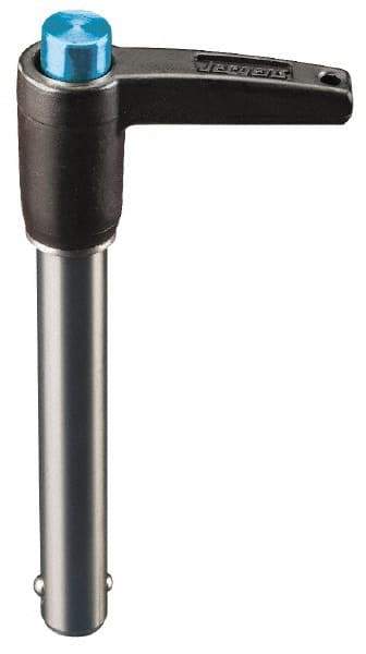 Jergens - 12mm Diam, 25mm Usable Length, L Handle, Push Button Quick Release Pin - 76.9mm Overall Length, Grade 17-4 Stainless Steel, Passivated Finish - Americas Industrial Supply