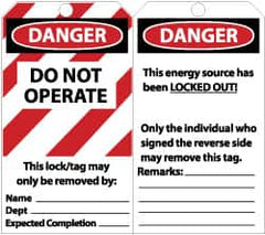 NMC - 3" High x 6" Long, DANGER - DO NOT OPERATE - THIS LOCK/TAG MAY ONLY BE REMOVED BY:, English Safety & Facility Lockout Tag - Tag Header: Danger, 2 Sides, Black, Red & White Unrippable Vinyl - Americas Industrial Supply