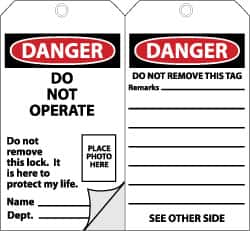 NMC - 3" High x 6" Long, DANGER - DO NOT OPERATE, English Safety & Facility Accident Prevention Tag - Tag Header: Danger, 2 Sides, Black, Red & White Self-Laminated Unrippable Vinyl - Americas Industrial Supply
