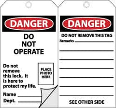 NMC - 3" High x 6" Long, DANGER - DO NOT OPERATE, English Safety & Facility Accident Prevention Tag - Tag Header: Danger, 2 Sides, Black, Red & White Self-Laminated Unrippable Vinyl - Americas Industrial Supply