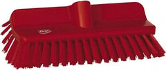 Vikan - 1-1/2" Bristle Length, Polyester Cleaning & Finishing Brush - 9-5/8" Long x 5" Wide Head, 10" OAL, European Threaded Handle, Red, Polypropylene Block - Americas Industrial Supply