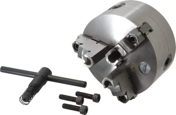 Gibraltar - 3 Jaws, 5" Diam, Self Centering Manual Lathe Chuck - Plain Back Mount Spindle, Reversible, 1.26" Through Hole Diam, 0.0014" Axial Runout, 0.0012" Radial Runout, Cast Iron - Americas Industrial Supply