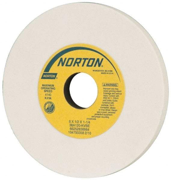 Norton - 6" Diam x 1-1/4" Hole x 1/2" Thick, K Hardness, 120 Grit Surface Grinding Wheel - Aluminum Oxide, Type 1, Fine Grade, 4,140 Max RPM, Vitrified Bond, No Recess - Americas Industrial Supply