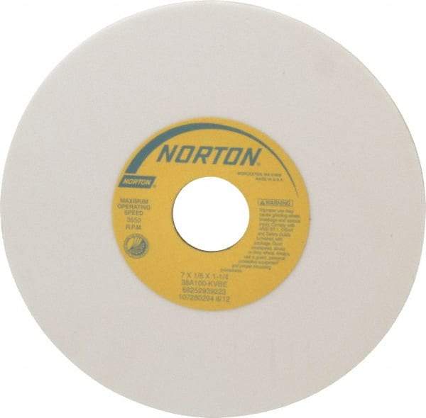 Norton - 7" Diam x 1-1/4" Hole x 1/8" Thick, K Hardness, 100 Grit Surface Grinding Wheel - Aluminum Oxide, Type 1, Fine Grade, 3,550 Max RPM, Vitrified Bond, No Recess - Americas Industrial Supply