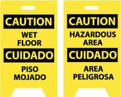 NMC - Caution - Wet Floor, Caution - Hazardous Area, 12" Wide x 20" High, Plastic Floor Sign - English/Spanish, A-Frame, Black on Yellow, For Restroom, Janitorial & Housekeeping - Americas Industrial Supply