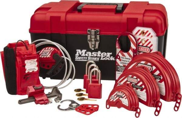 Master Lock - 12 Piece Valve Lockout Kit - 1-1/2 Inch Vertical Shackle Clearance, 1/4 Inch Shackle Diameter, Keyed Alike Comes in Tool Box - Americas Industrial Supply