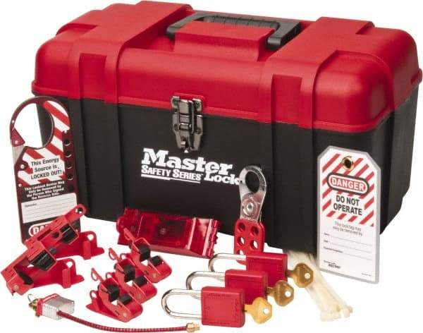 Master Lock - 13 Piece Electrical Lockout Kit - 1-1/2 Inch Vertical Shackle Clearance, 1/4 Inch Shackle Diameter, Keyed Alike Comes in Tool Box - Americas Industrial Supply