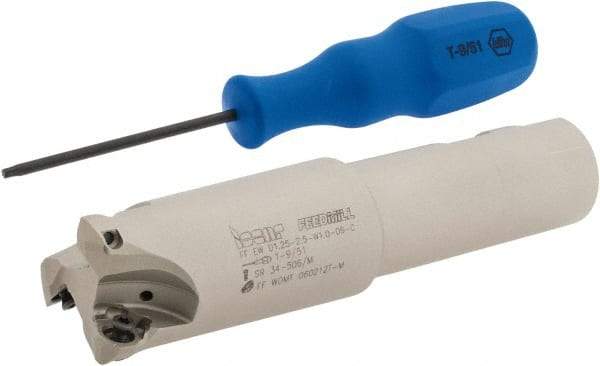 Iscar - 1-1/4" Cut Diam, 0.06" Max Depth, 1" Shank Diam, Weldon Shank Indexable High-Feed End Mill - Screw Holding Method, FF WOMT/WOCT, FF WOMW Insert, FF EW Toolholder, Through Coolant - Americas Industrial Supply