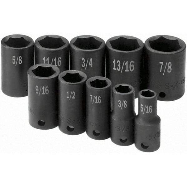 SK - 3/8" Drive Semi-Deep Impact Socket Set - 5/16 to 7/8", Inch Measurement Standard - Americas Industrial Supply