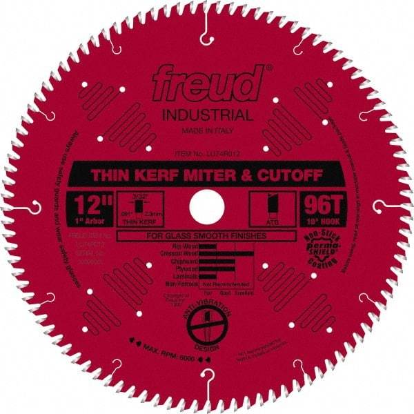 Freud - 12" Diam, 1" Arbor Hole Diam, 96 Tooth Wet & Dry Cut Saw Blade - Carbide-Tipped, Standard Round Arbor - Americas Industrial Supply