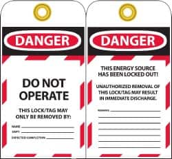 NMC - 3" High x 6" Long, DANGER - DO NOT OPERATE - THIS LOCK/TAG MAY ONLY BE REMOVED BY:, English Safety & Facility Lockout Tag - Tag Header: Danger, 2 Sides, Black, Red & White Unrippable Vinyl - Americas Industrial Supply