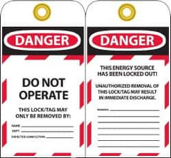 NMC - 3" High x 6" Long, DANGER - DO NOT OPERATE - THIS LOCK/TAG MAY ONLY BE REMOVED BY:, English Safety & Facility Lockout Tag - Tag Header: Danger, 2 Sides, Black, Red & White Unrippable Vinyl - Americas Industrial Supply