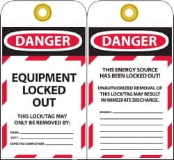 NMC - 3" High x 6" Long, DANGER - EQUIPMENT LOCKED OUT - THIS LOCK/TAG MAY ONLY BE REMOVED BY:, English Safety & Facility Lockout Tag - Tag Header: Danger, 2 Sides, Black, Red & White Unrippable Vinyl - Americas Industrial Supply
