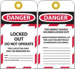 NMC - 3" High x 6" Long, DANGER - LOCKED OUT - DO NOT OPERATE - THIS LOCK/TAG MAY ONLY BE REMOVED BY:, English Safety & Facility Lockout Tag - Tag Header: Danger, 2 Sides, Black, Red & White Unrippable Vinyl - Americas Industrial Supply